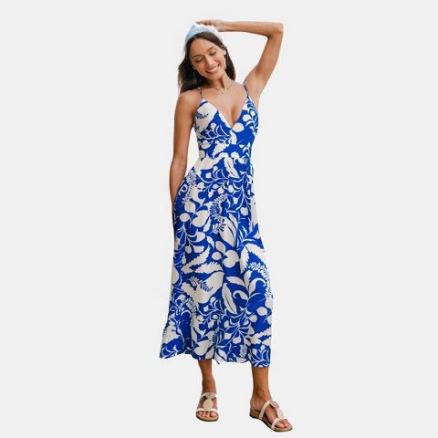 Женские платья Cupshe Women's Breezy Blue Floral Midi Beach Dress-L-Blue
