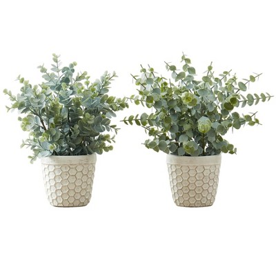 Set of 2 Green Faux Eucalyptus Grass in White Cement Pots