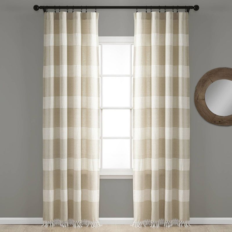 Set of 2 Farmhouse Tucker Stripe Yarn Dyed Cotton Knotted Tassel Light Filtering Window Curtain Panels - Lush Décor, 1 of 11