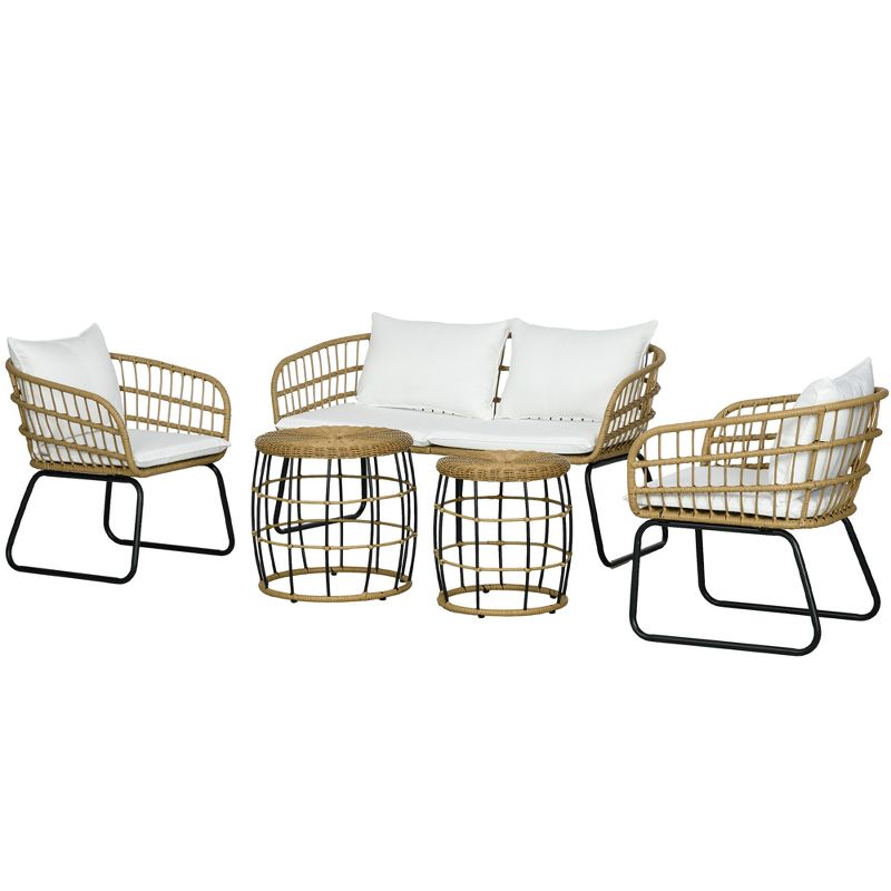 Outsunny 5 Piece PE Rattan Outdoor Furniture Set with Cushioned Chairs, Loveseat Sofa & Stackable Coffee Tables, 4 of 7