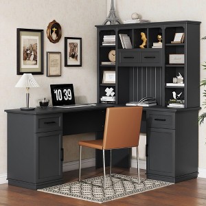 L Shaped Computer Desk, 55'' Office Desk with 2 Drawers and Storage Space, L Shaped Corner Desk with Storage Shelves - 1 of 4