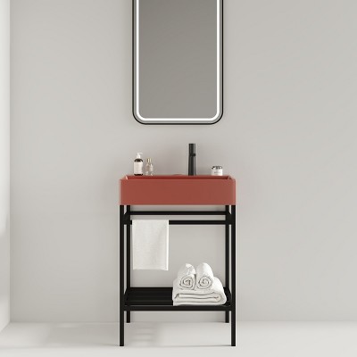 Bathroom Floor Cabinet,Bathroom Vanity With Ceramic Basin And Open Metal Leg And Storage Shelf,Freestanding Bathroom Furniture-Cuddlewood