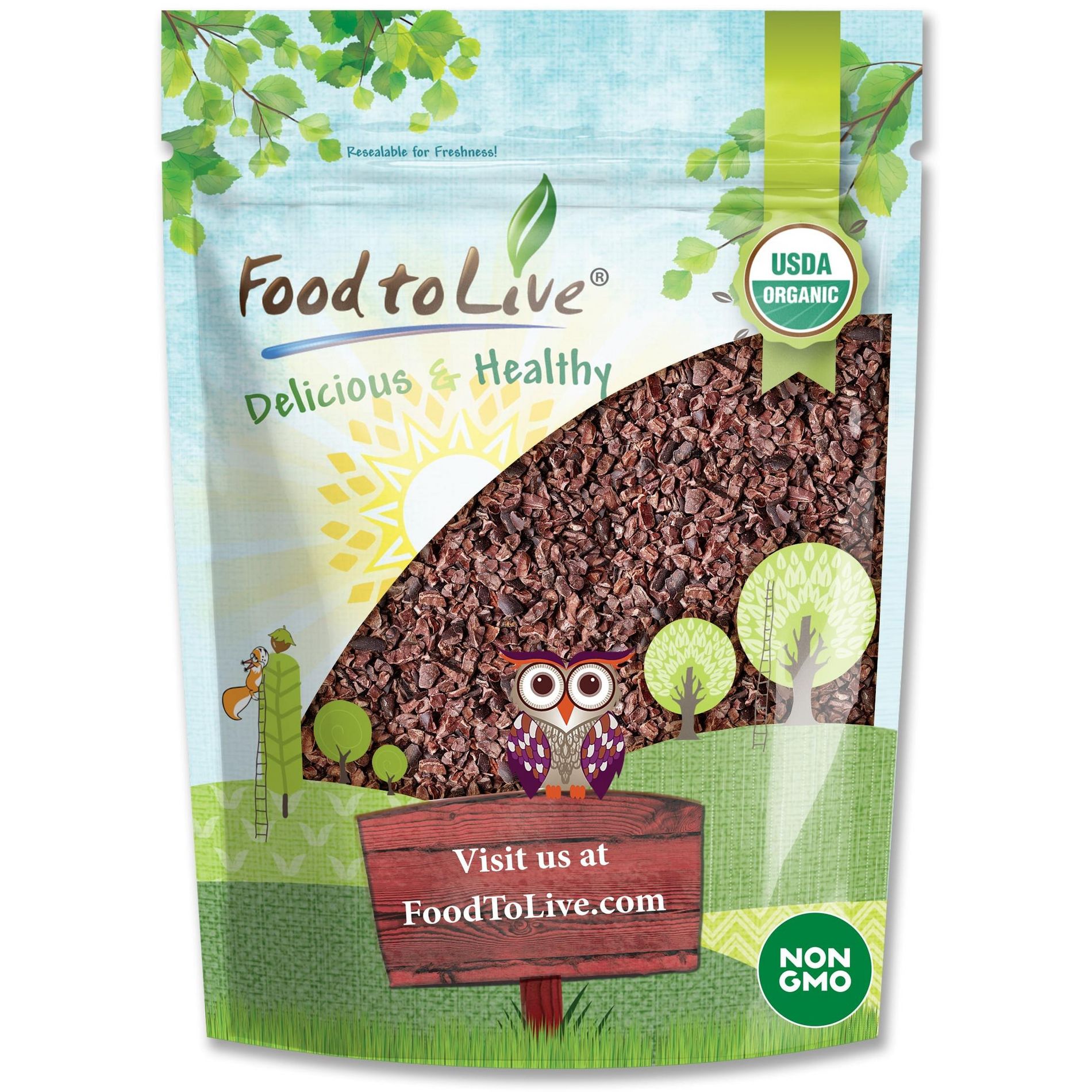 Organic Cacao Nibs - Unsweetened, Non-GMO, Kosher, Raw, Vegan, Sirtfood, Bulk - by Food to Live
