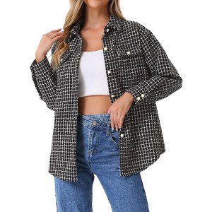 Allegra K Women's Tweed Plaids Long Sleeves Loose Shirt Jacket - 1 of 4