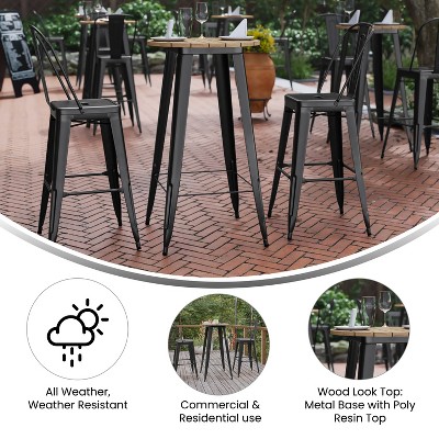 23.75" Round Brown Poly Resin Top Bar Table with Black Steel Base