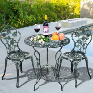 Costway Patio Furniture Cast Aluminum Rose Design Bistro Set Antique Green (Green) - 1 of 4