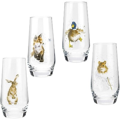 Royal Worcester Wrendale Designs Highball Glass, Set of 4 - 19 oz Tall Drinking Glasses with Duck, Fox, Hamster, Hare Illustrations