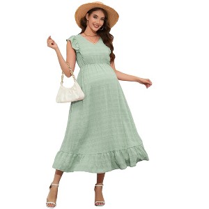Coolmee Women Summer Maternity Maxi Dress Casual V Neck Ruffle Sleeve Tiered A Line Flowy Long Sundress with Pockets - 1 of 4