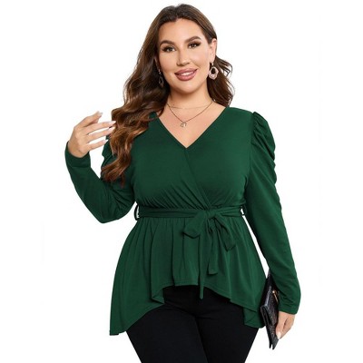 Women Plus Size Puff Sleeve Blouse with Belt