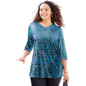 Catherines Women's Plus Size Easy Fit 3/4-Sleeve V-Neck Tunic - 1 of 4