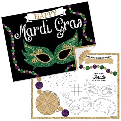 Big Dot of Happiness Mardi Gras - Paper Masquerade Party Coloring Sheets - Activity Placemats - Set of 16