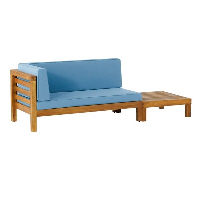 2pk Oana Outdoor Acacia Wood Left Arm Loveseat & Coffee Table with Cushion Teak/Blue - Christopher Knight Home: Transitional Patio Set