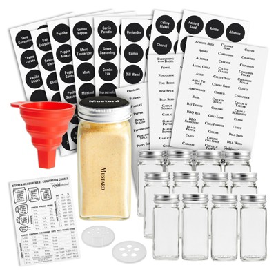 Talented Kitchen Set of 14 Large Glass Spice Jars with Labels, 6 oz Containers with Shaker Lids, 269 Preprinted Stickers in 2 Styles for Seasonings
