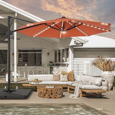 Sonkuki 11FT Round Offset Outdoor Solar LED Patio Aluminum Cantilever Umbrella w/ Base Included & Infinite Canopy Angle Adjustment
