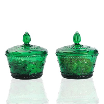 Slickblue Set of 2 Vintage Embossed Glass Candy Jars with Lids – 10 oz, 6 Different Colors