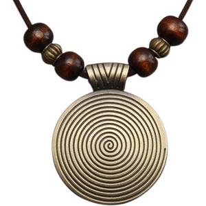 Leather and Wood Necklace Chunky Circle Pendant Boho Jewelry for Women - 1 of 4
