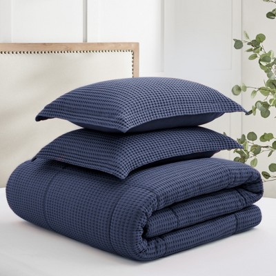 Navy Twin Cotton Waffle Comforter Set with Shams