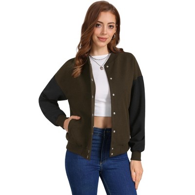 Jess by Meiko Women's Color-Blocked Snap Button Crew Neck Long Sleeve Varsity Jacket
