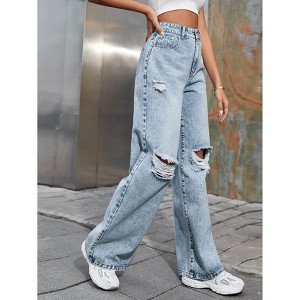 Women¡¯s Ripped Jeans High Waisted Distressed Baggy Straight Wide Leg Pants - 1 of 4