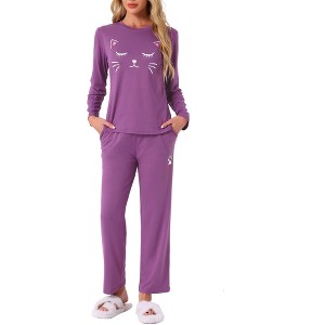cheibear Women's Lounge Cute Cat Long Sleeve Tops with Pants Pajama Set - 1 of 4