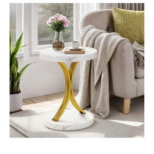 Small Round End Tables Side Table Metal Frame, Faux Marble Top Accent Table Nightstand Modern Style For Living Room Bedroom And Office - 1 of 4