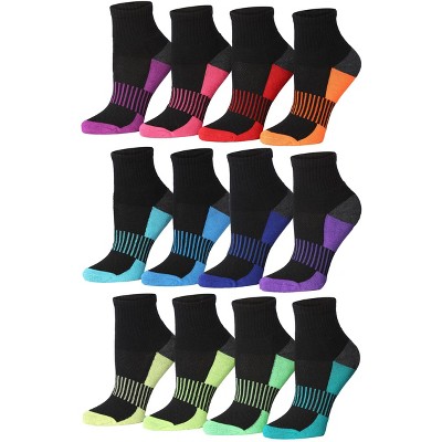 Tipi Toe Women's 12-Pairs Running & Athletic Sports Performance Midnight Black Rainbow Checks & Sole Ankle/Quarter Socks For Women