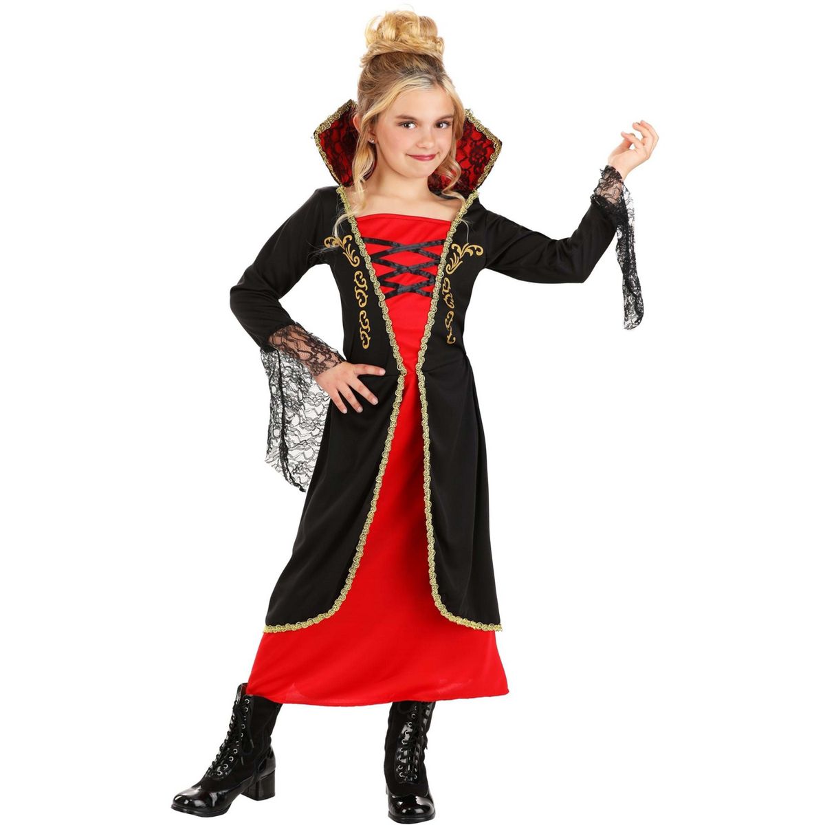 HalloweenCostumes.com Classic Vampire Costume for Girls, Gothic Red and Black Dress, Immortal Princess Outfit for Kids