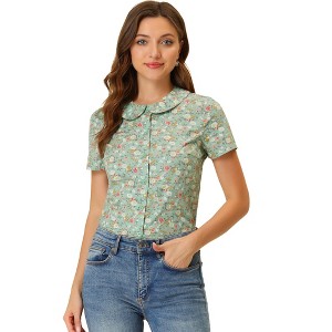 INSPIRE CHIC Women's Summer Peter Pan Collar Button Front Vintage Floral Print Blouse - 1 of 4
