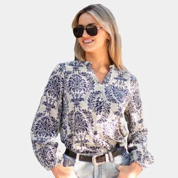Women's Ornate Print V-Neck Buttoned Top - Cupshe
