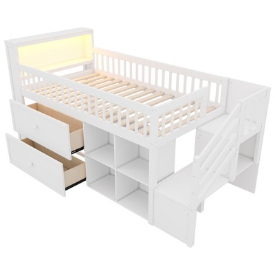Vynxaria Twin Size Loft Bed with Bookshelf Stairs 2 Drawers 4 Shelves Solid Wood Low Loft Bed White for Kids