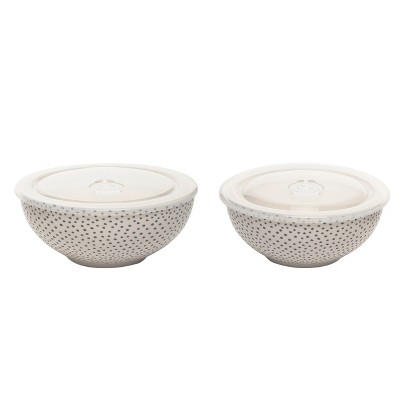 Totalee Gift Dotty Bowls w/ Plastic Lid Set of 2 Ceramic White 25.7 oz