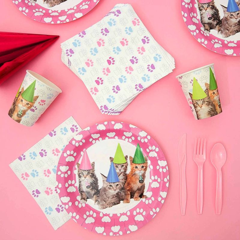 Juvale 144-Pieces of Kitten Party Supplies with Cat Birthday Paper Plates, Napkins, Cups, and Cutlery, Serves 24, 3 of 8