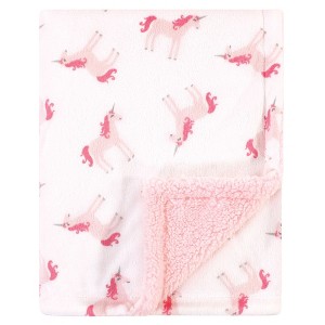 Hudson Baby Infant Girl Plush Blanket with Faux Shearling Back, Unicorn, One Size - 1 of 2