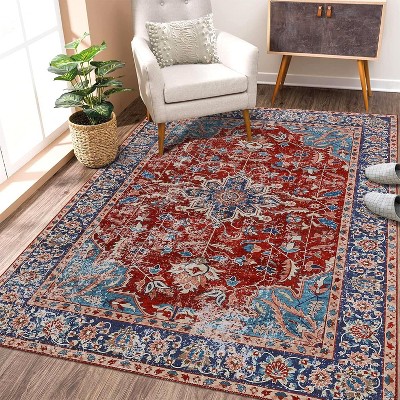 Acekool 2x6 Vintage Blue Washable Runner Rug, Non-Slip Oriental Medallion Low Pile Accent Carpet for Hallway, Entryway, Kitchen