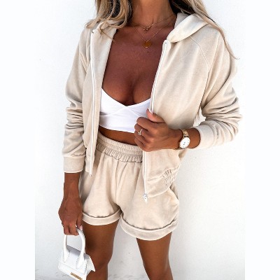 Mocamel Women's Sports Casual Hooded Zipper Sweater Solid Color Suit 2 Piece Set