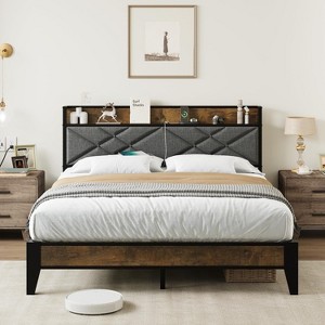 King Size Bed Frame with Charging Station, Button Tufted Headboard, Metal Platform with Storage Shelf, Metal Slats Support, No Box Spring Needed - 1 of 4