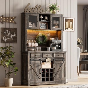 72'' Farmhouse Coffee Bar Cabinet with LED Light and Power Outlet, Large Kitchen Hutch with 3 Drawers and Wine Glass Rack - 1 of 4