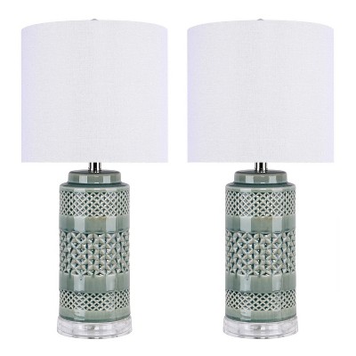 Set of 2 Green Ceramic Table Lamps with White Linen Shades