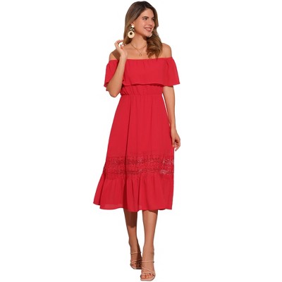 Allegra K Women's Off Shoulder Ruffle Lace Insert High Waist Short Sleeve Flowy Maxi Dress