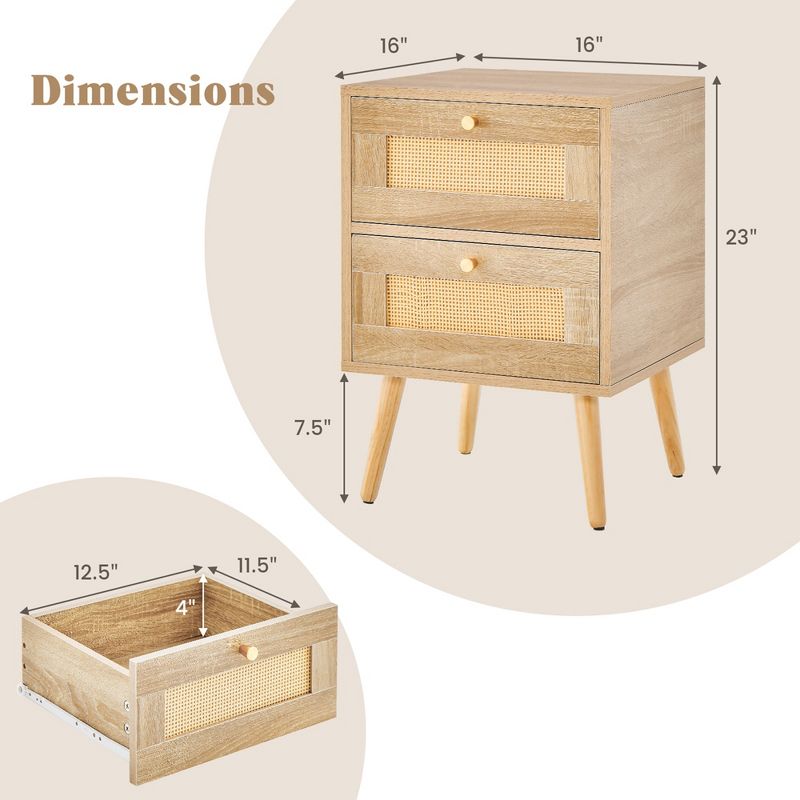 Costway 1/2 PCS Rattan Nightstand Boho Accent Bedside Table with 2 Storage Drawers Natural, 4 of 9