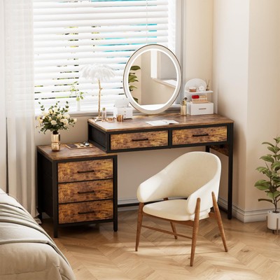 Aheaplus Computer Desk with 5 Drawers, Corner Home Office Desk with Filing Cabinet, Charging Station