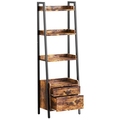 Fabato 4 Tier Display Bookshelf Bookcase w/Ladder Shelves, Metal Frame, & 2 Organizing Drawers for Living Room, Office, or Bedroom, Rustic Brown