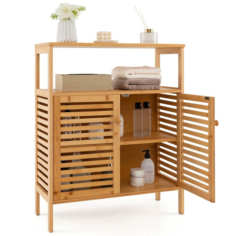 Costway Bamboo Storage Cabinet with Double Louvered Doors Open Shelf & Removable Shelf, 1 of 11