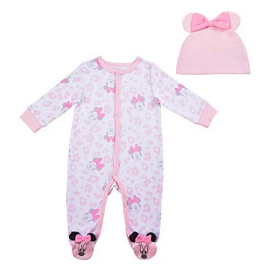 Disney Girl's Minnie Mouse Footed Baby Coverall Jumpsuit and Hat with 3D Ears and Bow for infant