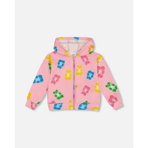 Deux par Deux Girl Printed French Terry Hoodie Cardigan Pink Multicolored Gummies - 1 of 4