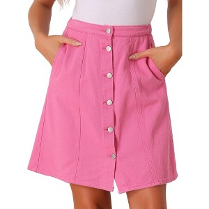 Allegra K Women's Elastic Back Short Button Down Denim Skirts with Pockets - 1 of 4