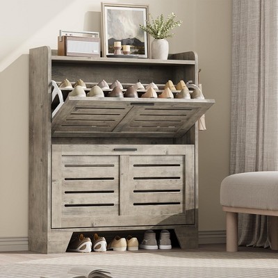 Shoe Storage Cabinet with 2 Flip Drawers, Narrow Shoe Cabinet for Entryway, Freestanding Hidden Slim Shoe Organizer Cabinet
