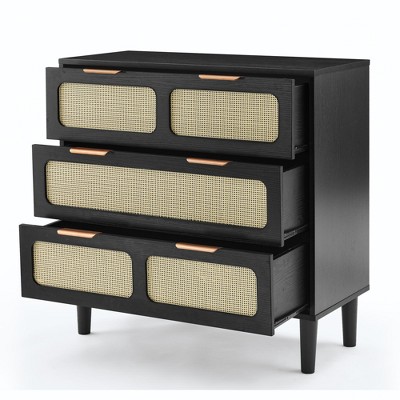 GDFStudio Pag 3-Drawer Rattan and Wood Dresser with Metal Handles