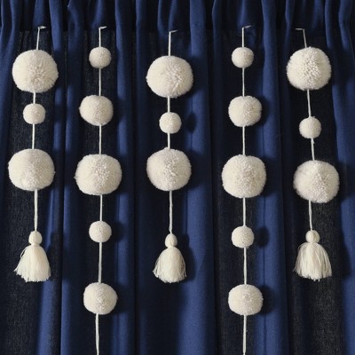 Navy Faux Linen Rod Pocket Sheer Curtain Panel with Tassels