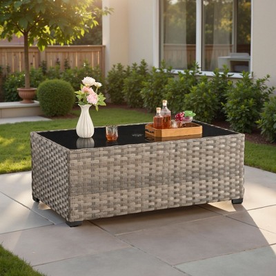 XIZZI Outdoor Coffee Table with Umbrella Base Insert, All-Weather Wicker Patio Table with Center Umbrella Hole, Rectangular Umbrella Table, Gray 1